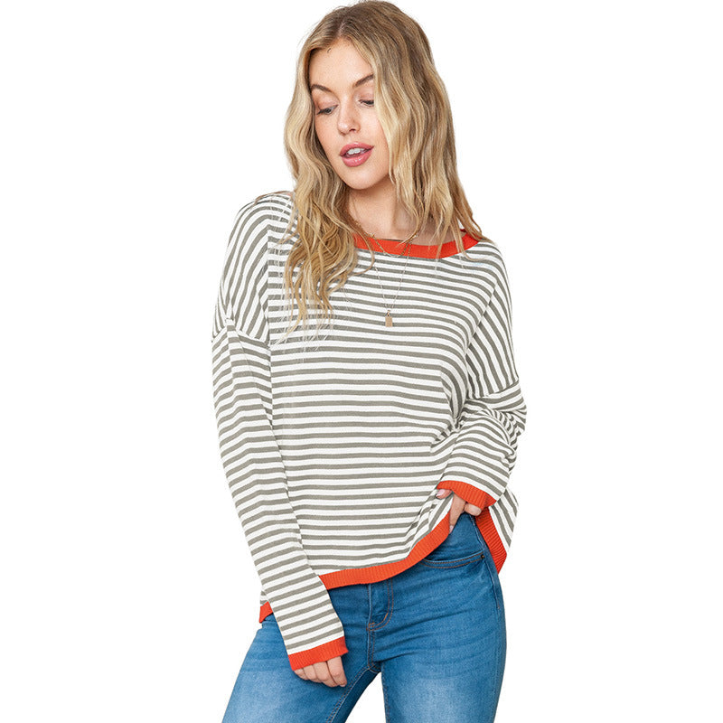 Wholesale Cotton Contrasting Edge Striped Knitted Pullover Top for Women